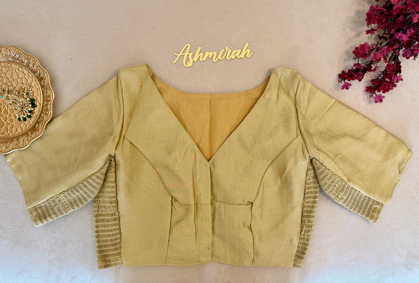 V-Neck Stretch-Fit Blouse with Elbow Sleeves