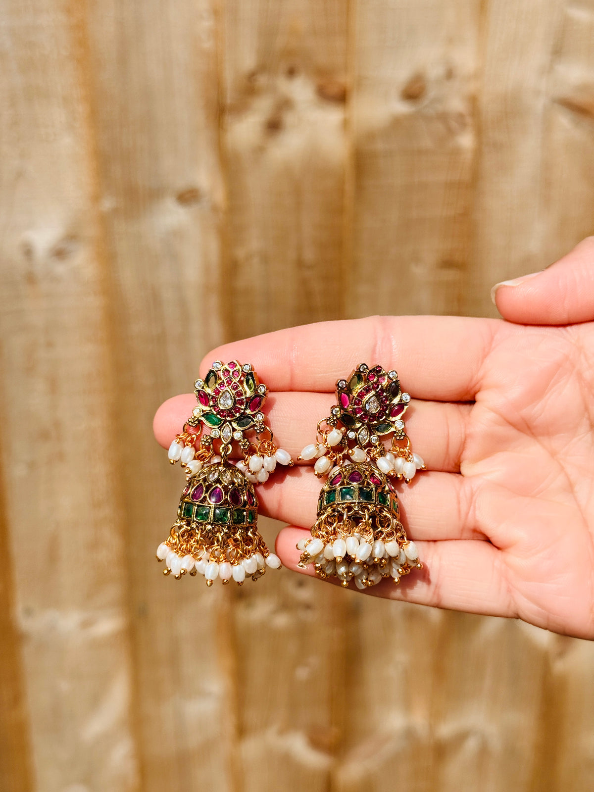 Pink and green Kempstone Jhumka