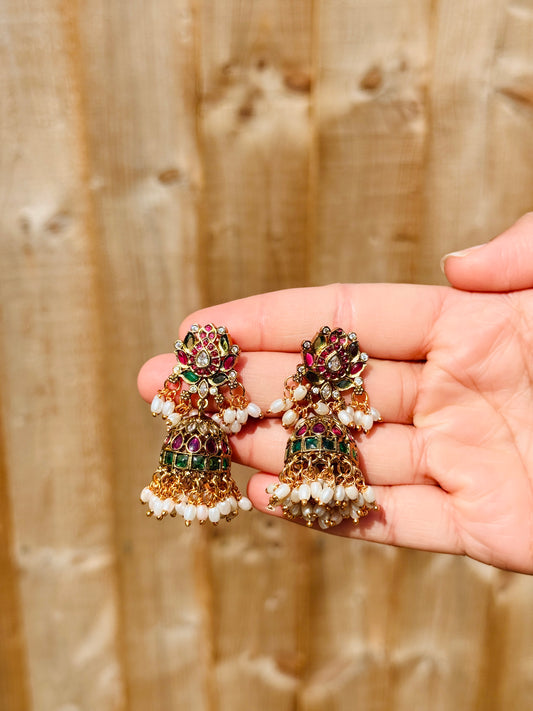 Pink and green Kempstone Jhumka