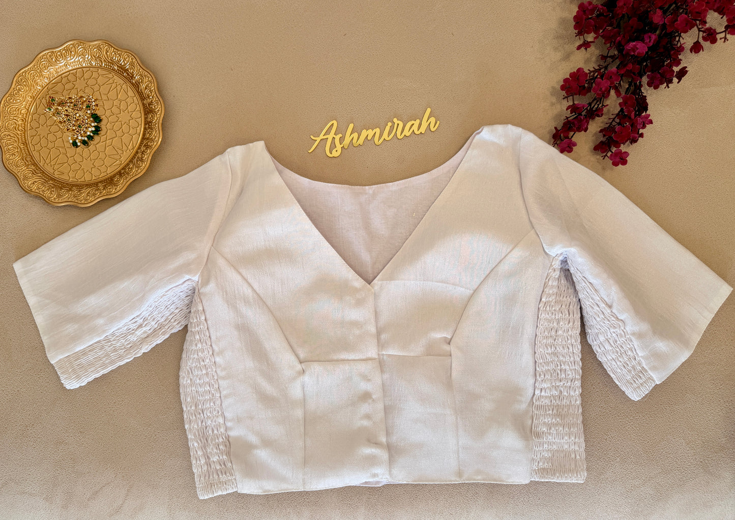 V-Neck Stretch-Fit Blouse with Elbow Sleeves