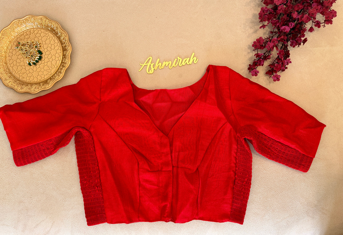 V-Neck Stretch-Fit Blouse with Elbow Sleeves