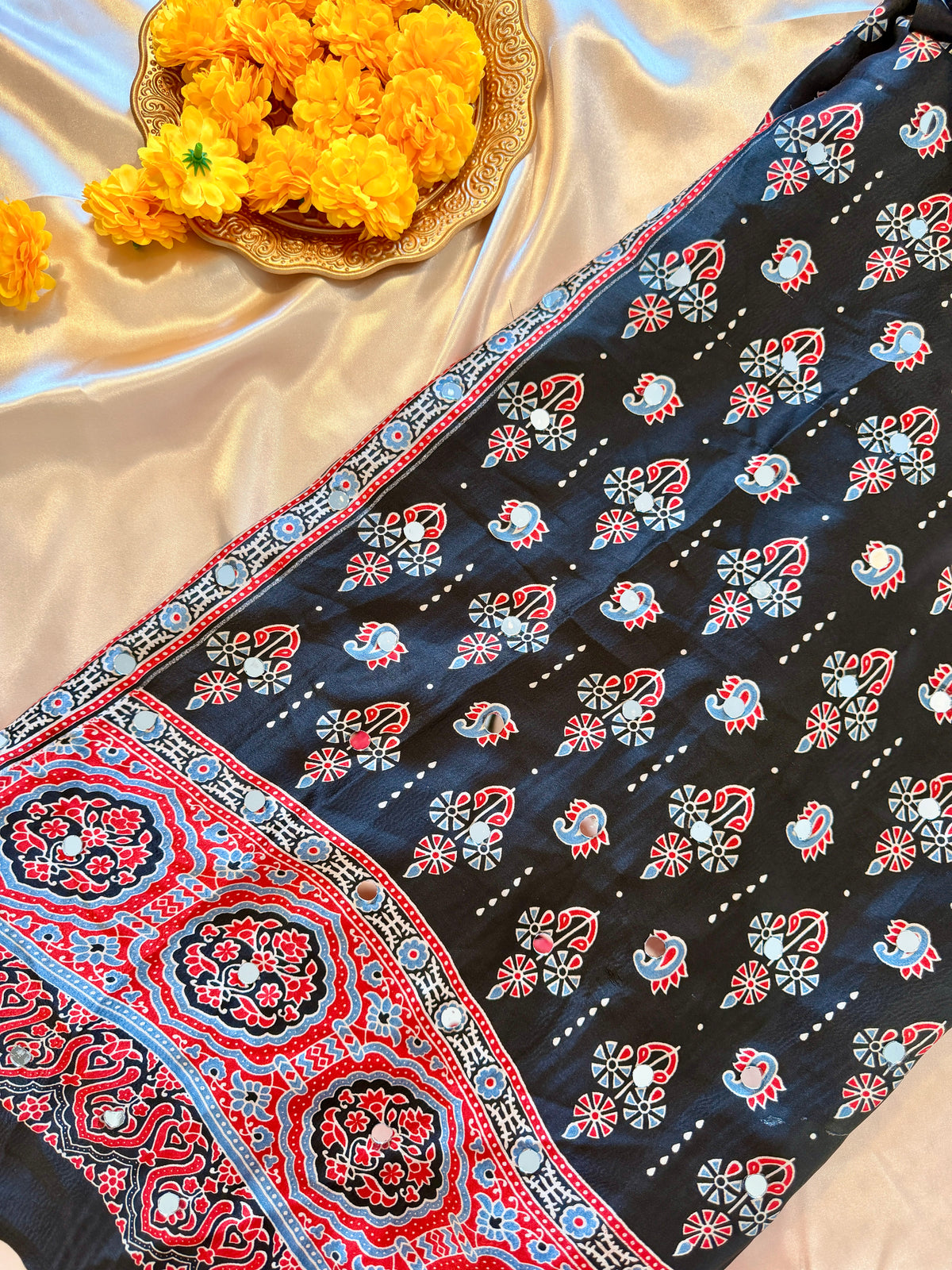 AJRAK PRINT MIRROR WORK SAREE