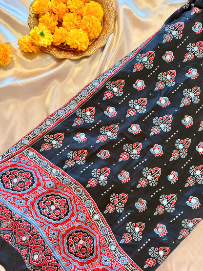 AJRAK PRINT MIRROR WORK SAREE