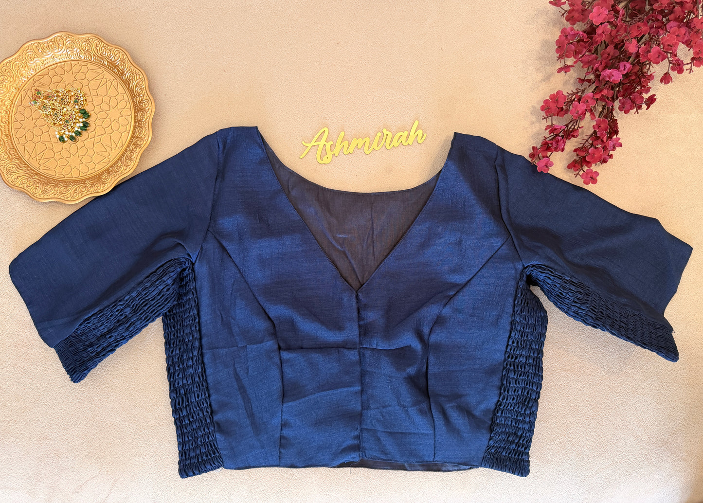 V-Neck Stretch-Fit Blouse with Elbow Sleeves