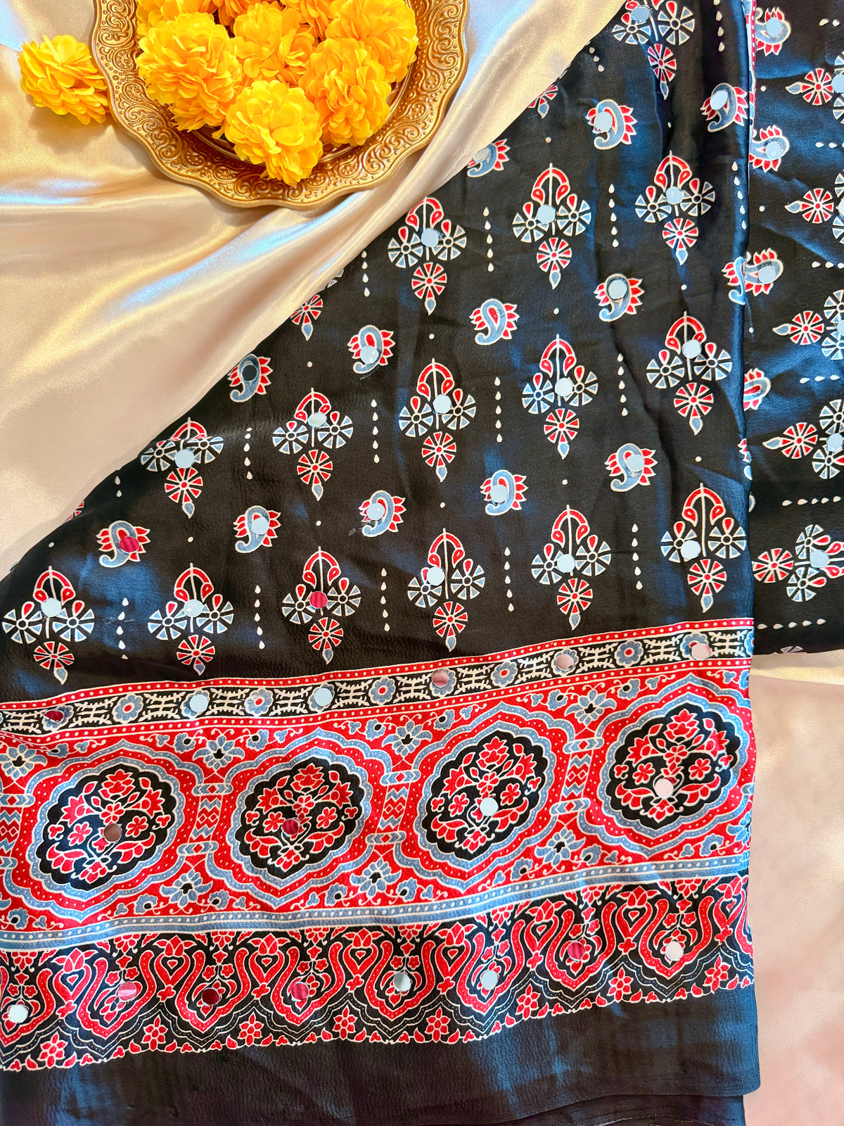 AJRAK PRINT MIRROR WORK SAREE