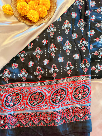AJRAK PRINT MIRROR WORK SAREE