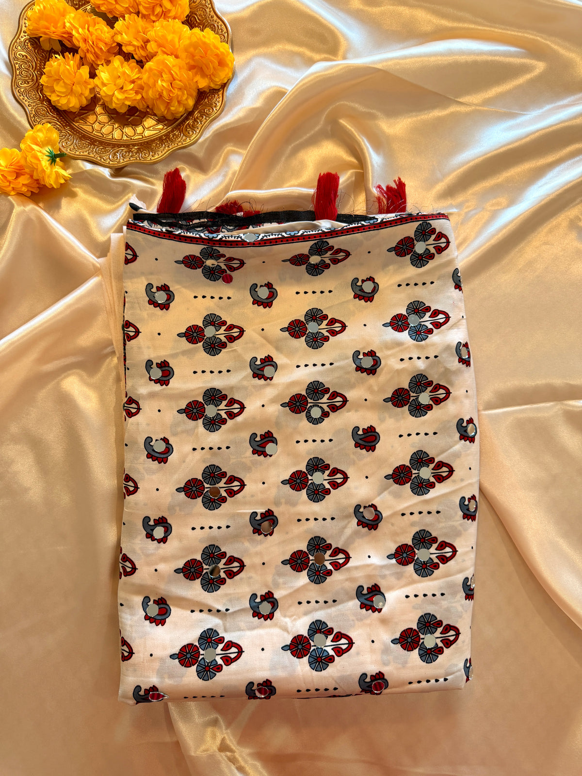 AJRAK PRINT MIRROR WORK SAREE