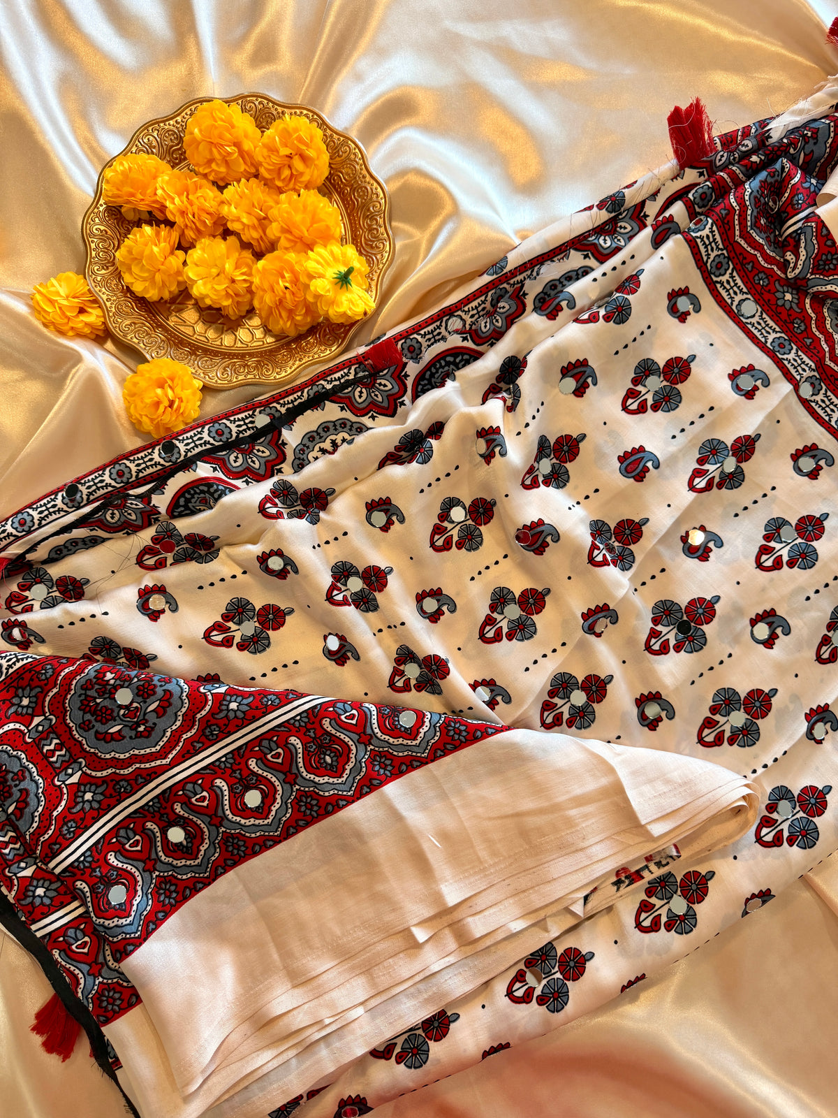 AJRAK PRINT MIRROR WORK SAREE
