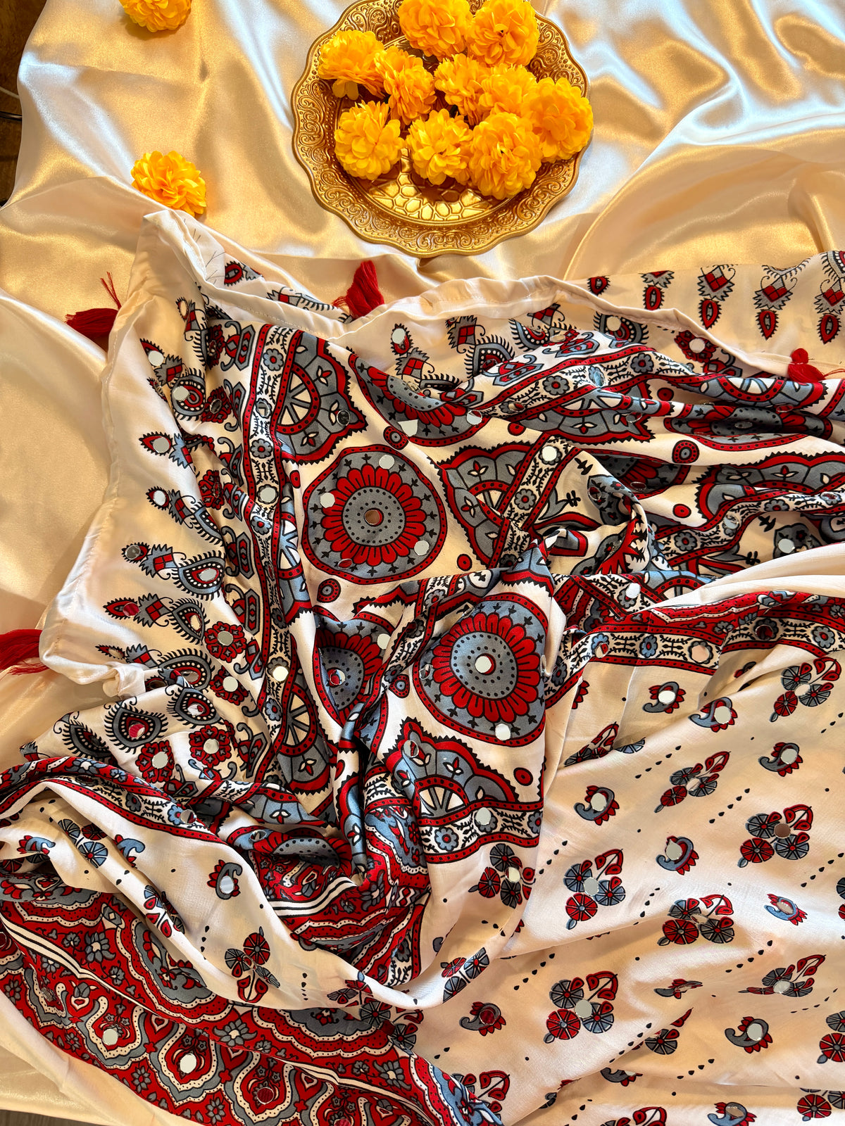 AJRAK PRINT MIRROR WORK SAREE