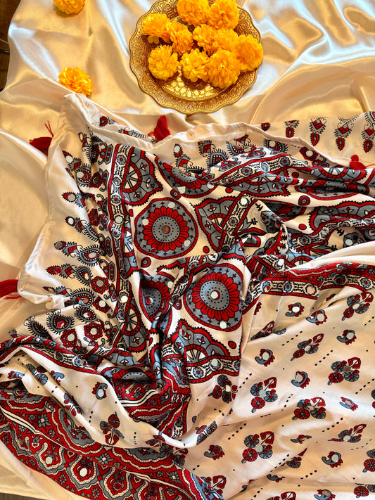 AJRAK PRINT MIRROR WORK SAREE